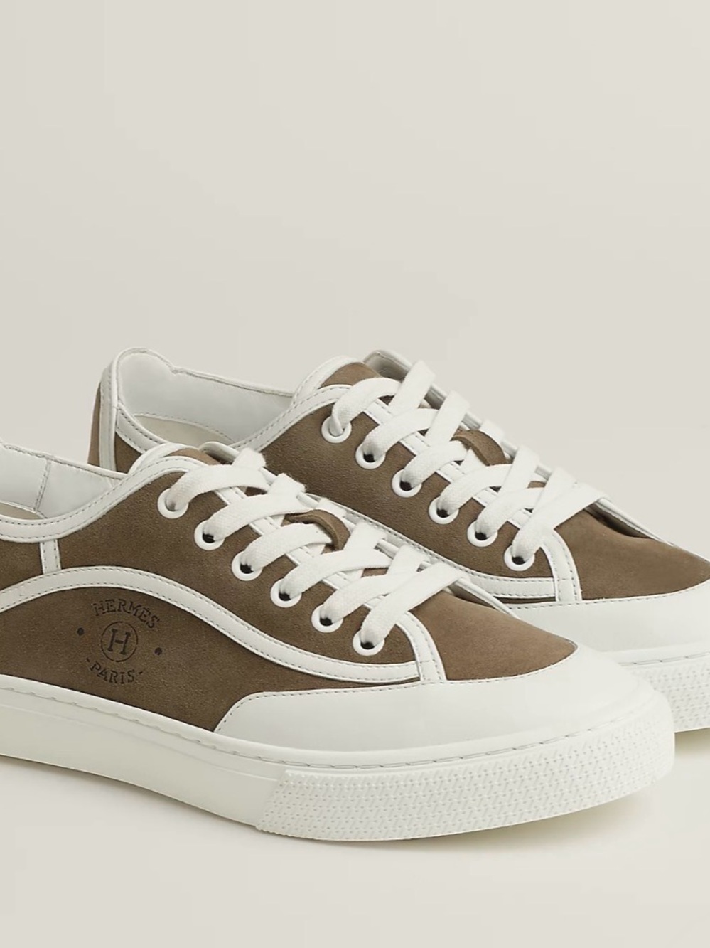 Hermes Women’s Low-Top Sneakers in Taupe and White